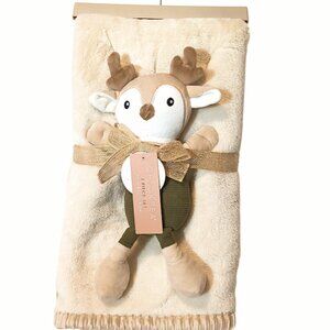 2025 Chick Pea Deer Fawn Light Brown Ribbed Trim Lovey Blanket Set 30" X 36" NEW
